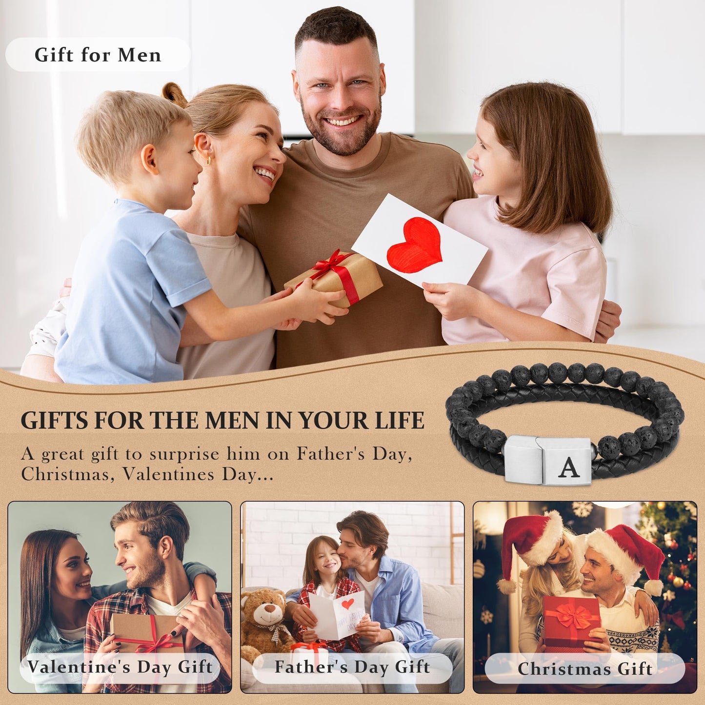 FOCOOG Gifts for Mens Bracelet - Men Gift Leather Bracelets for Men with Initial Lava Rock Bead Gift for Husband Leather Men's Initial A Bracelet for Men's Jewelry Mens Gifts for Dad Husband