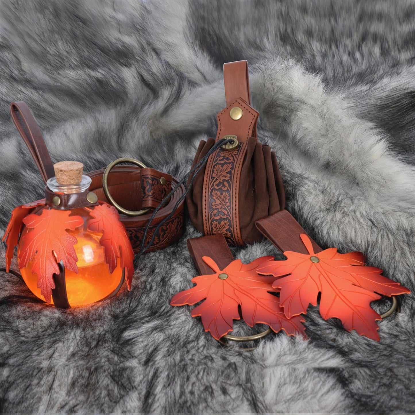 Luazuri Renaissance Belt Waist Bag Embossed Belt Magic Potion Bottle Skirt Hikes Medieval Halloween Cosplay Costume Sets. (Brown A-5pcs)