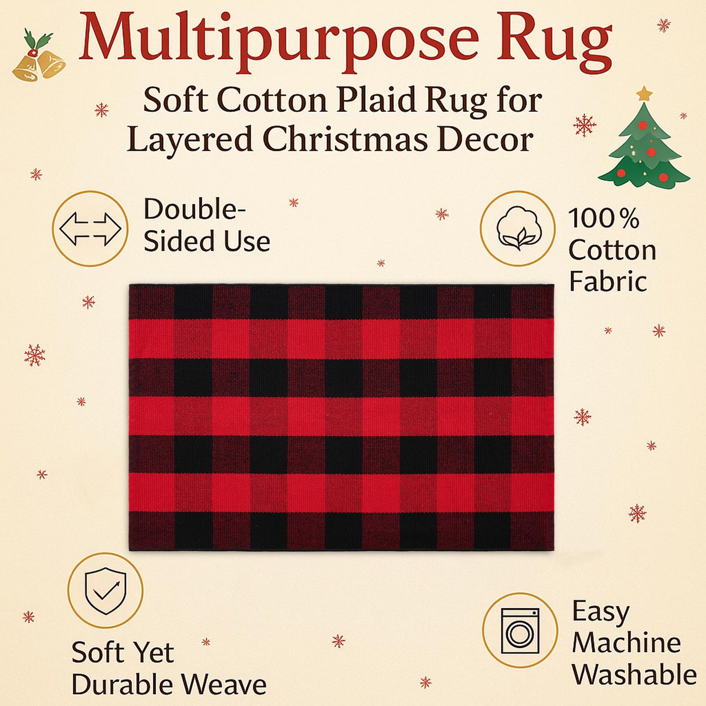 Christmas Door Mat Combo Set - 100% Coco Coir Welcome Mat + 28 x 43 Inch Red and Black Plaid Rug, New Year Holiday Christmas Collection Doormat for Front Porch Entryway Decor