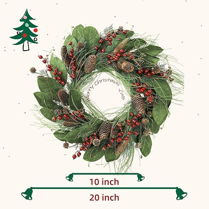 YNYLCHMX 20 Inch Winter Wreath for Front Door, Winter Wreaths with Magnolia Leaves Red Berries Pine Cones, Artificial Door Wreaths for Outdoor Indoor Farmhouse Windows Wall Holiday
