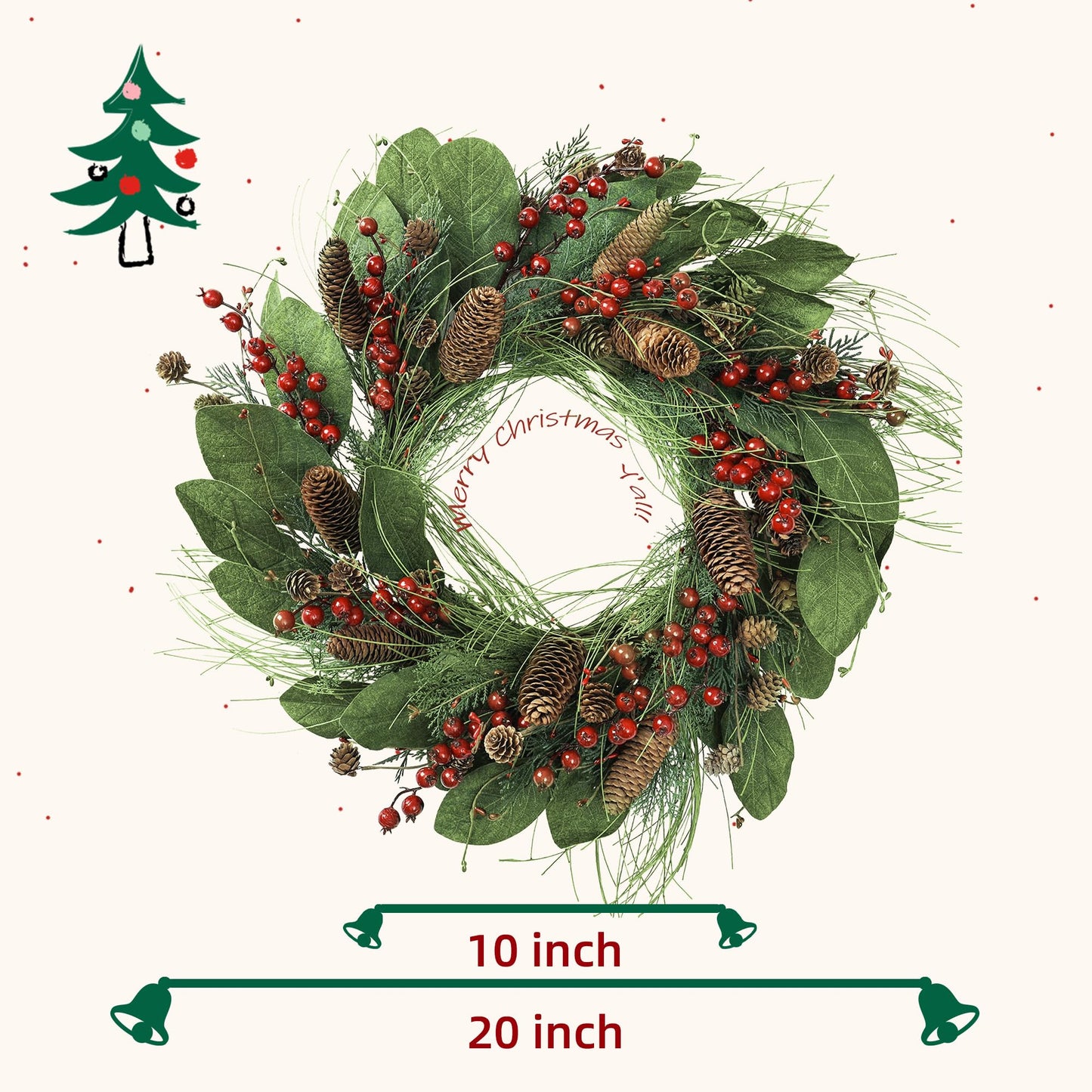 YNYLCHMX 20 Inch Winter Wreath for Front Door, Winter Wreaths with Magnolia Leaves Red Berries Pine Cones, Artificial Door Wreaths for Outdoor Indoor Farmhouse Windows Wall Holiday