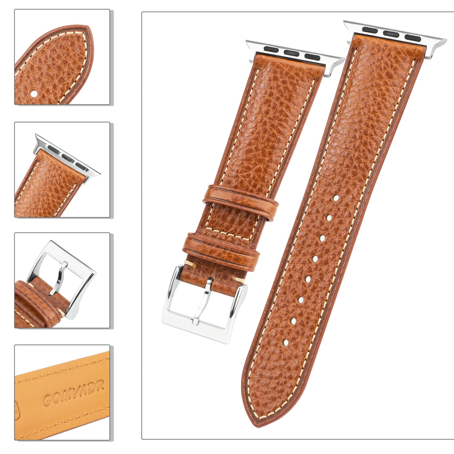 GOMVADR Top Grain Leather Band Compatible with Apple Watch, Tan Brown with Silver Buckle, Genuine Leather Strap for iWatch Series 9/8/7/6/5/4/3/2/1/SE/Ultra, 44/45/49mm (Tan Brown with Silver Buckle, 44/45/46 （24mm/Men's Size）)