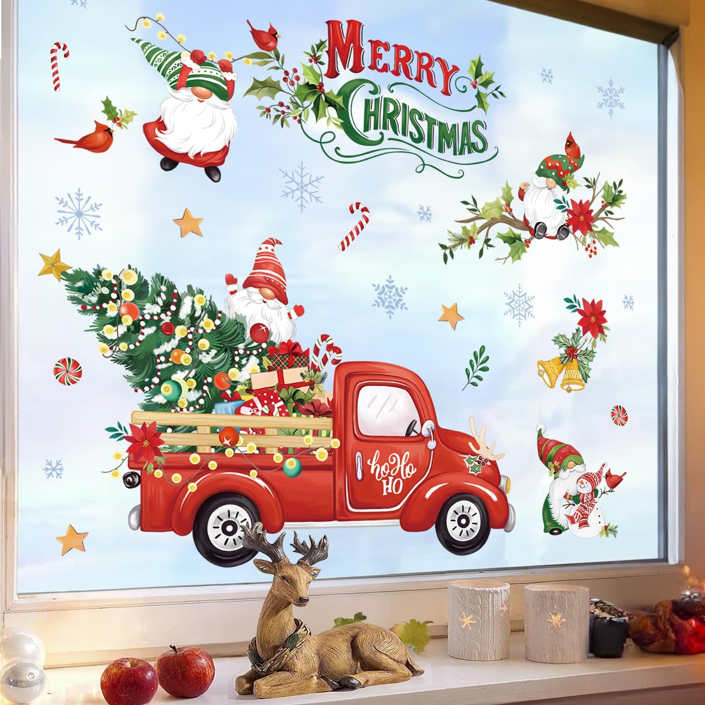 Wondever Red Truck Wall Stickers - Gnomes, Christmas Tree, Window Art Decals for Party, Xmas Home