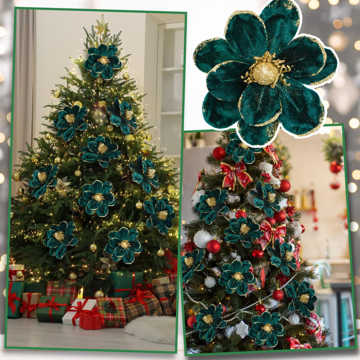 XunYee 10 Pcs Dark Green Velvet Christmas Glitter Flowers Magnolia Artificial Poinsettia Flower Christmas Tree Ornaments Velvet Floral Picks with Clips for Xmas DIY Wreath Decor, 6 Inch