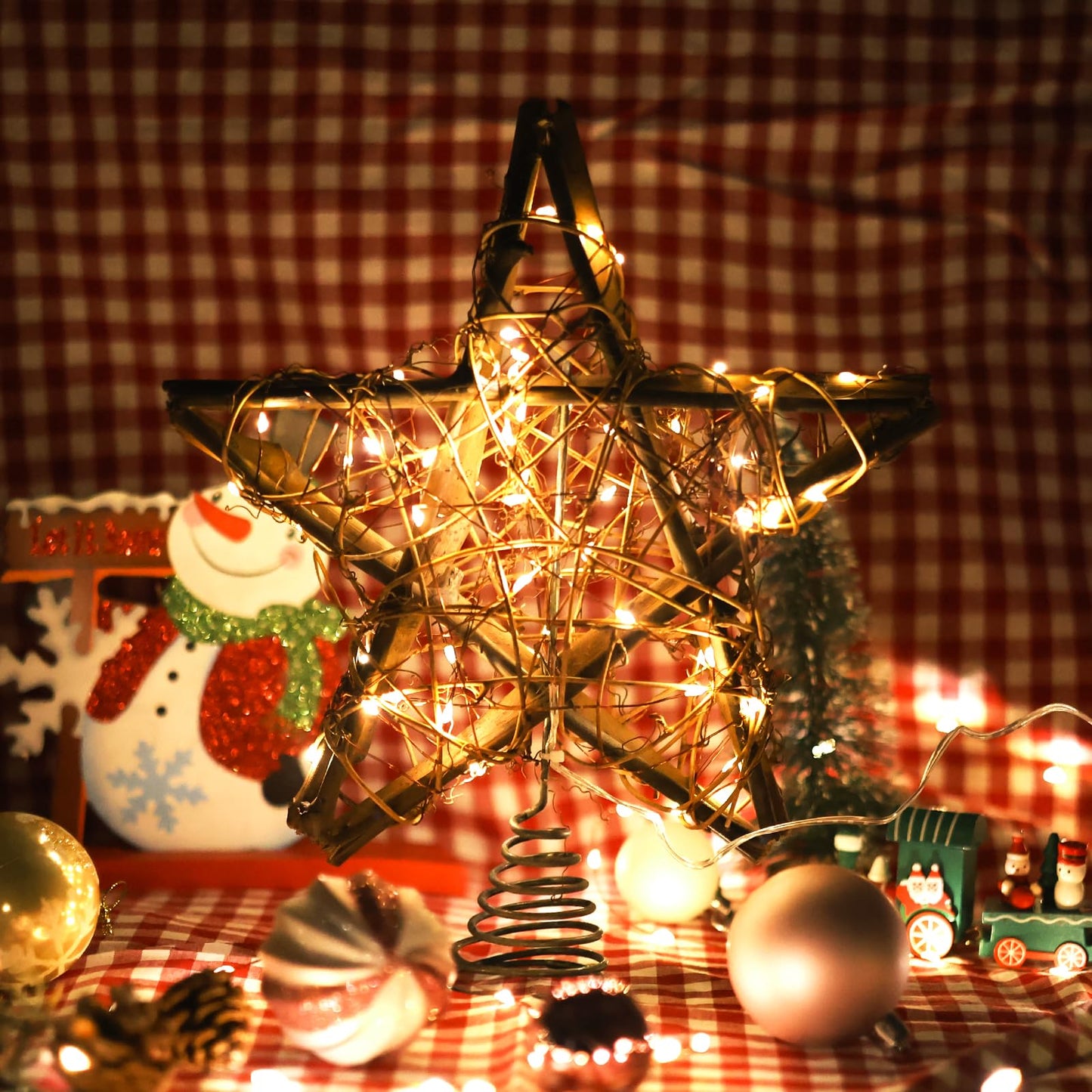 Christmas Tree Topper Star,Rattan Christmas Tree Topper with 50 LED Light,10 Inch Warm White Light Rustic Star for Christmas Tree Decoration Holiday Farmhouse Decor Battery & USB Powered