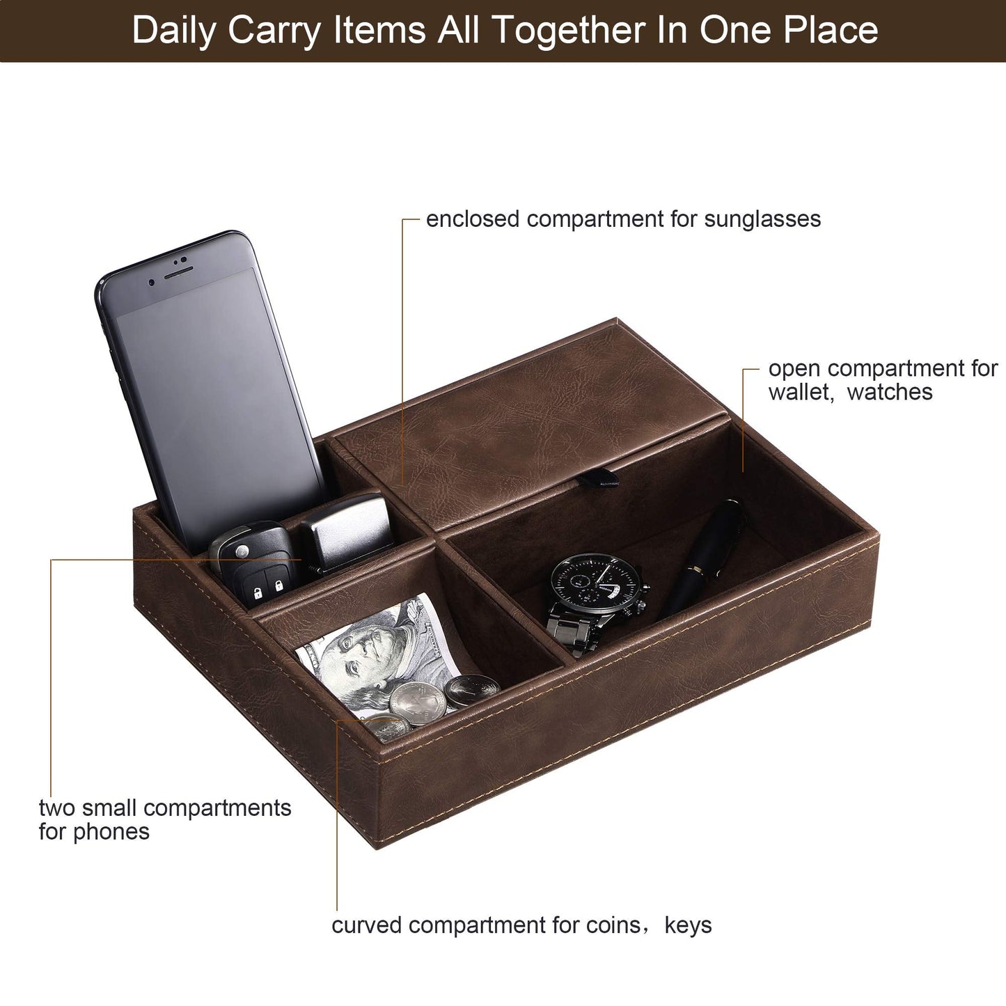 BEWISHOME Mens Valet Tray for men, Nightstand Organizer, Dresser Organizer, Catch All for Mens AccessoriesFaux Leather,Brown SSH06Z