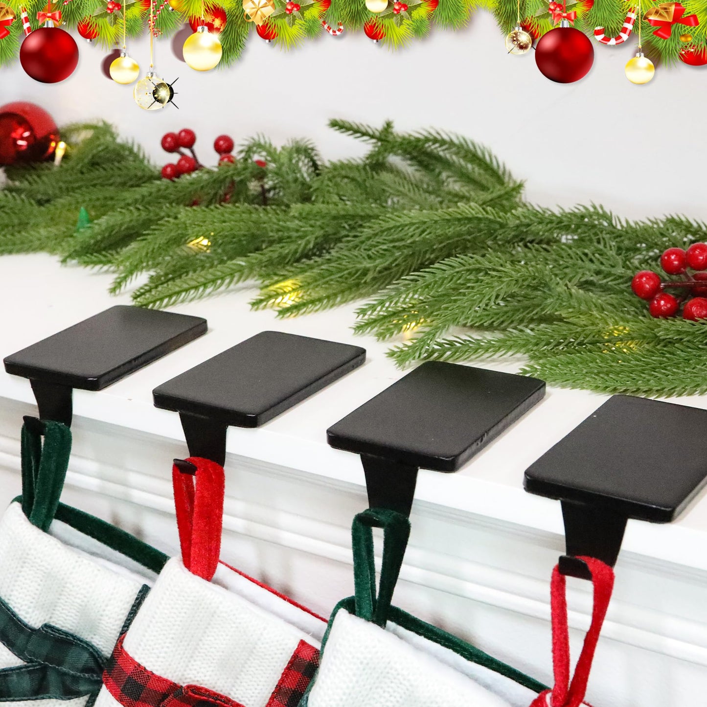HMASYO Christmas Stocking Holders for Mantle Set of 4, Black Heavy Duty Iron Stocking Hangers Base, Low Profile Weighted Stocking Holder Hooks for Fireplace Tabletop Shelf Christmas Decoration