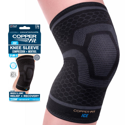 Copper Fit unisex adult ICE Sleeve, S/M Knit Compression Knee Sleeve Infused with Menthol and CoQ10 for Maximum Recovery, Black, Small /Medium US (12"-16")