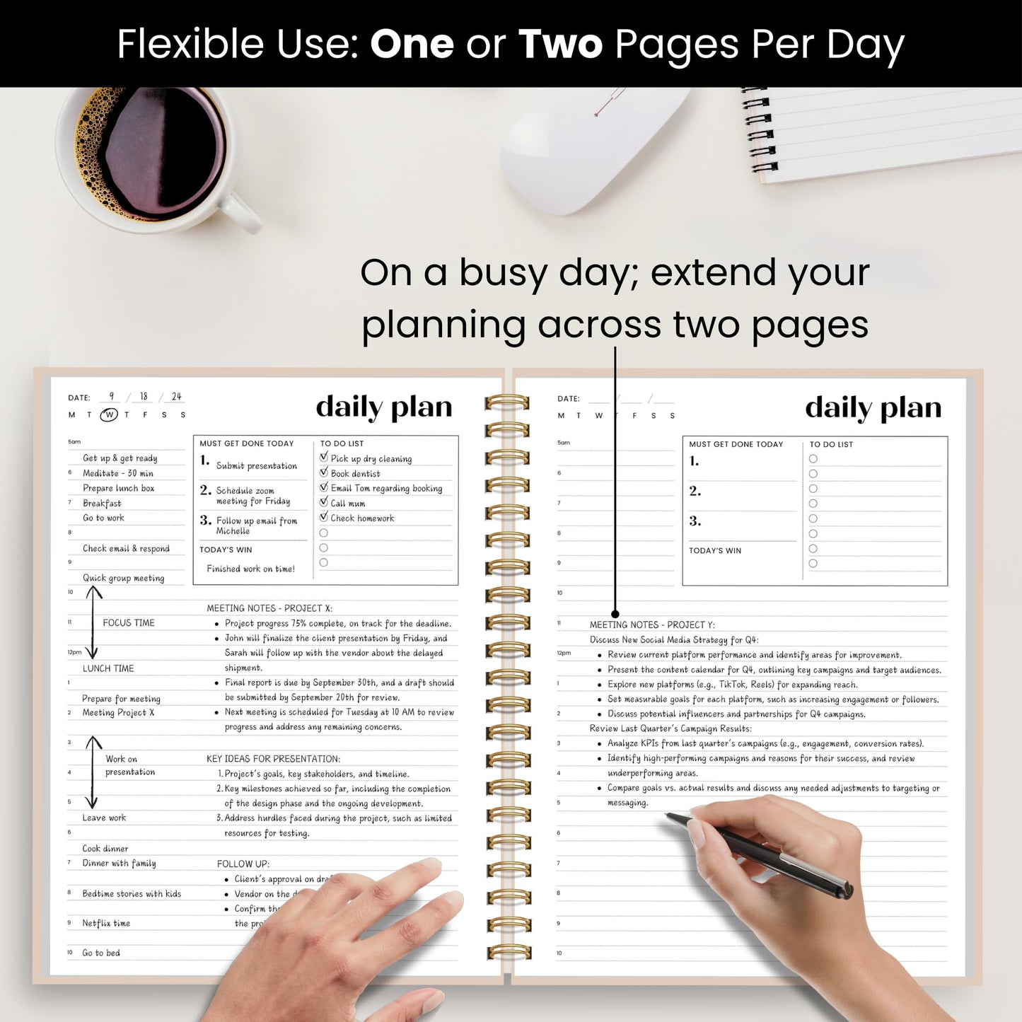 Undated Daily Planner | 2026 Calendar | Large Daily and Monthly Planner with Hourly Schedule, 8.5" x 11" | 6 Month, Full Page a Day, To do List, Time Blocking, Beige Aesthetic Hardcover Spiral Notebook