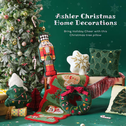 Ashler Merry Christmas Tree Shaped Pillow, Pine Tree Christmas Throw Pillow, White Teddy & Soft Velvet Xmas Decorative with Cute Embroidery, for Couch, Bedroom, Living Room, Green, 19x17 inches