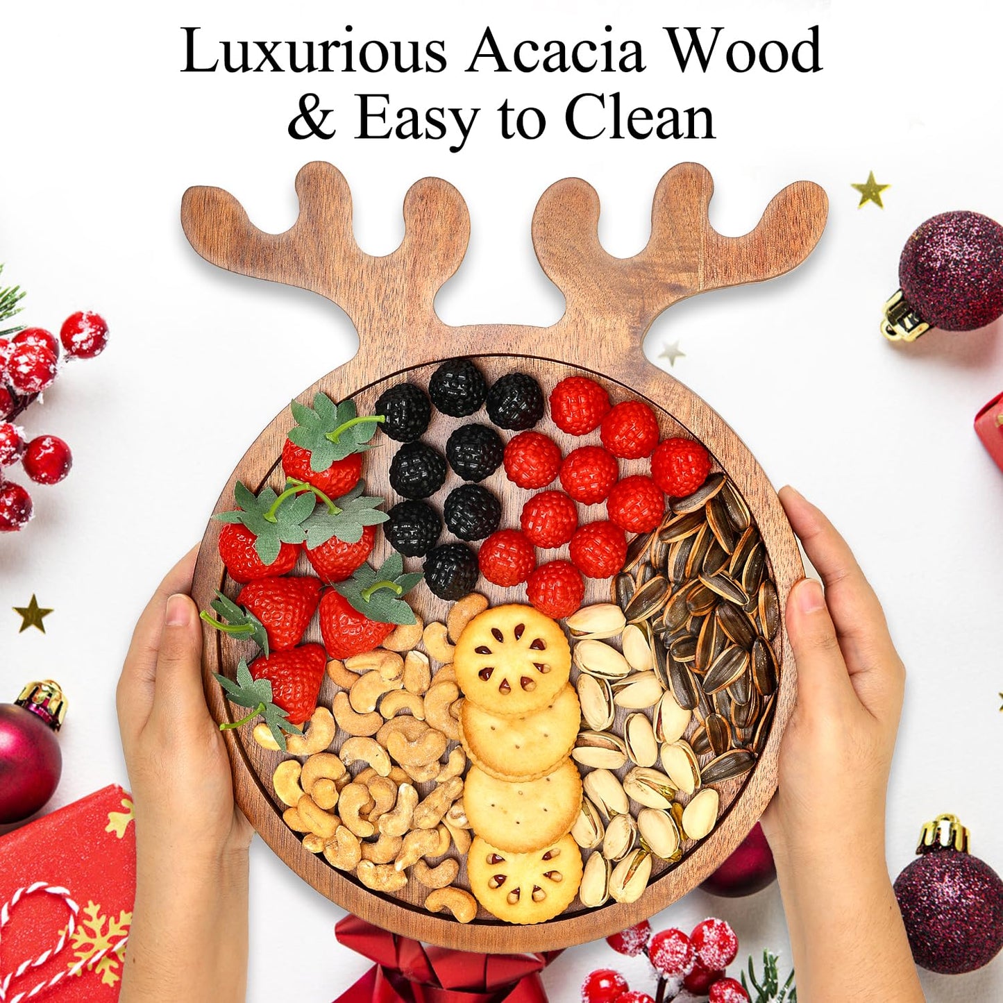 15"x12" Large Acacia Wood Christmas Decorative Veggie Tray Round Serving Platters Wooden Cheese Charcuterie Board Xmas Dinner Plate Dish Festive Fruit Tray Charger Plates for Christmas Holiday Platter