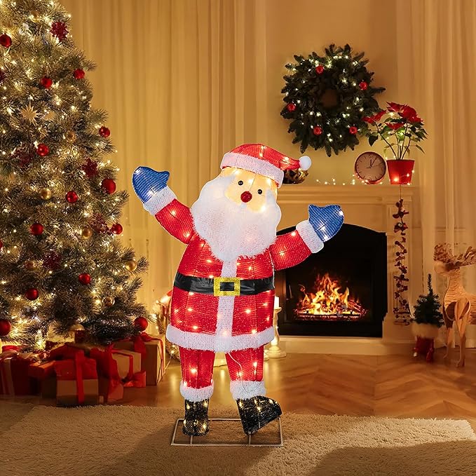 Shintenchi 3ft Lighted Christmas Santa Claus, Outdoor Pop-up Holiday Decoration with 80 LED Lights, 3D Pre-Lit Light-Up Decor for Yard, Garden, Lawn & Patio
