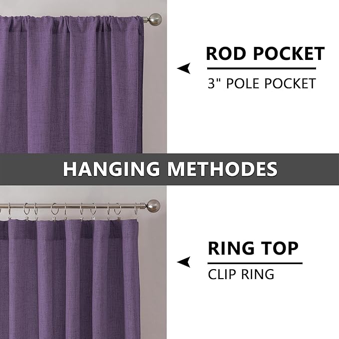 Tollpiz Short Linen Curtains Living Room Rod Pocket Semi Sheer Curtain Burlap Light Filtering Thick Linen Drapes for Bedroom, 54 x 54 inches Long, Royal Purple, Set of 2 Panels