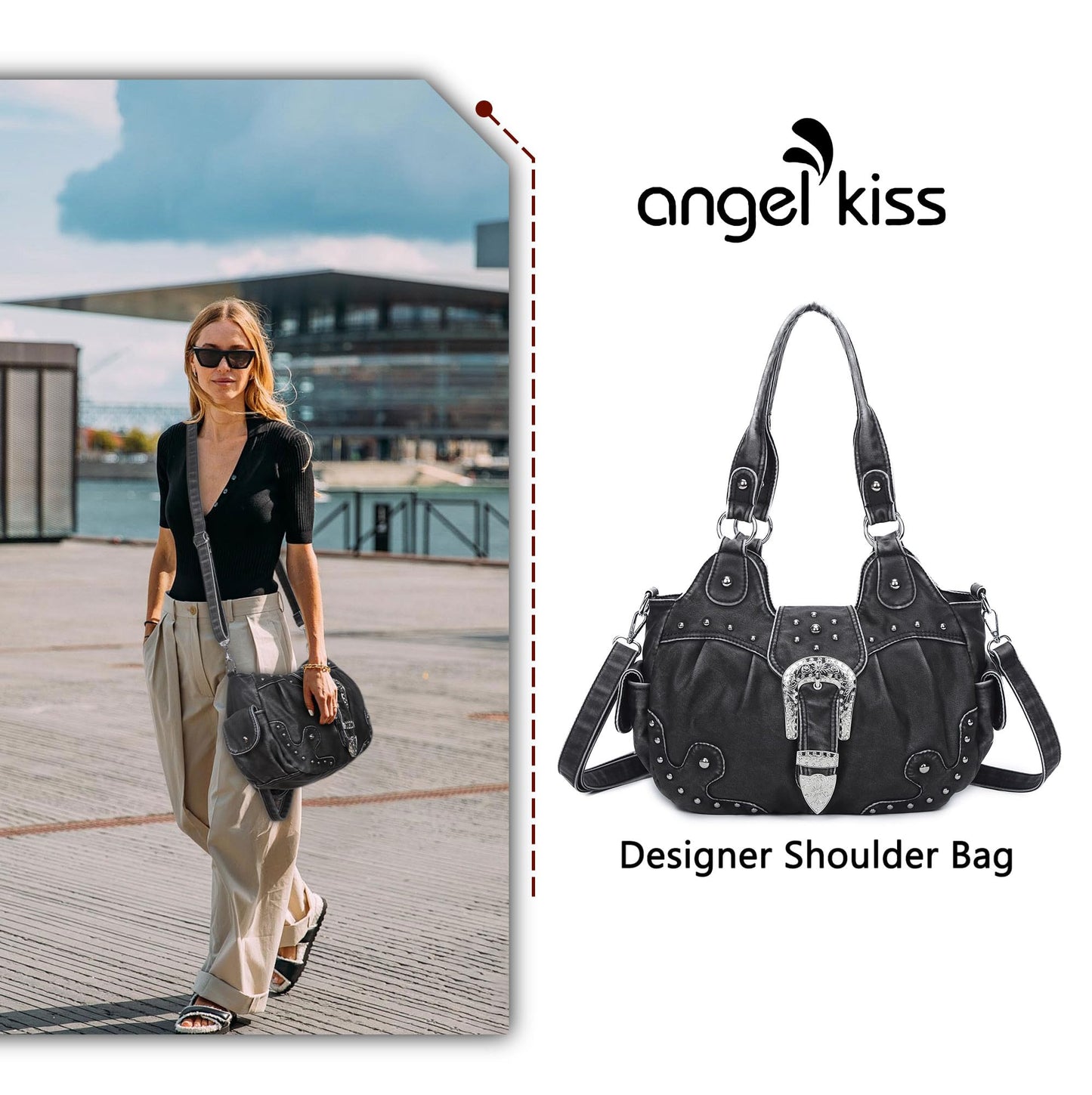 Angel Kiss Hobo Bags for Women Vegan Leather Purses and Handbags Ladies Chic Shoulder Bags Crossbody Purses with Metal Studs