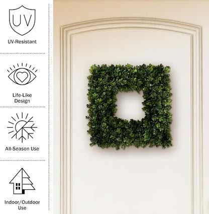 Pure Garden Boxwood Wreath - 16.5-Inch Square UV Resistant Artificial Spring, Summer, Fall or Winter Wreath - Outdoor/Indoor Wreaths for Front Door