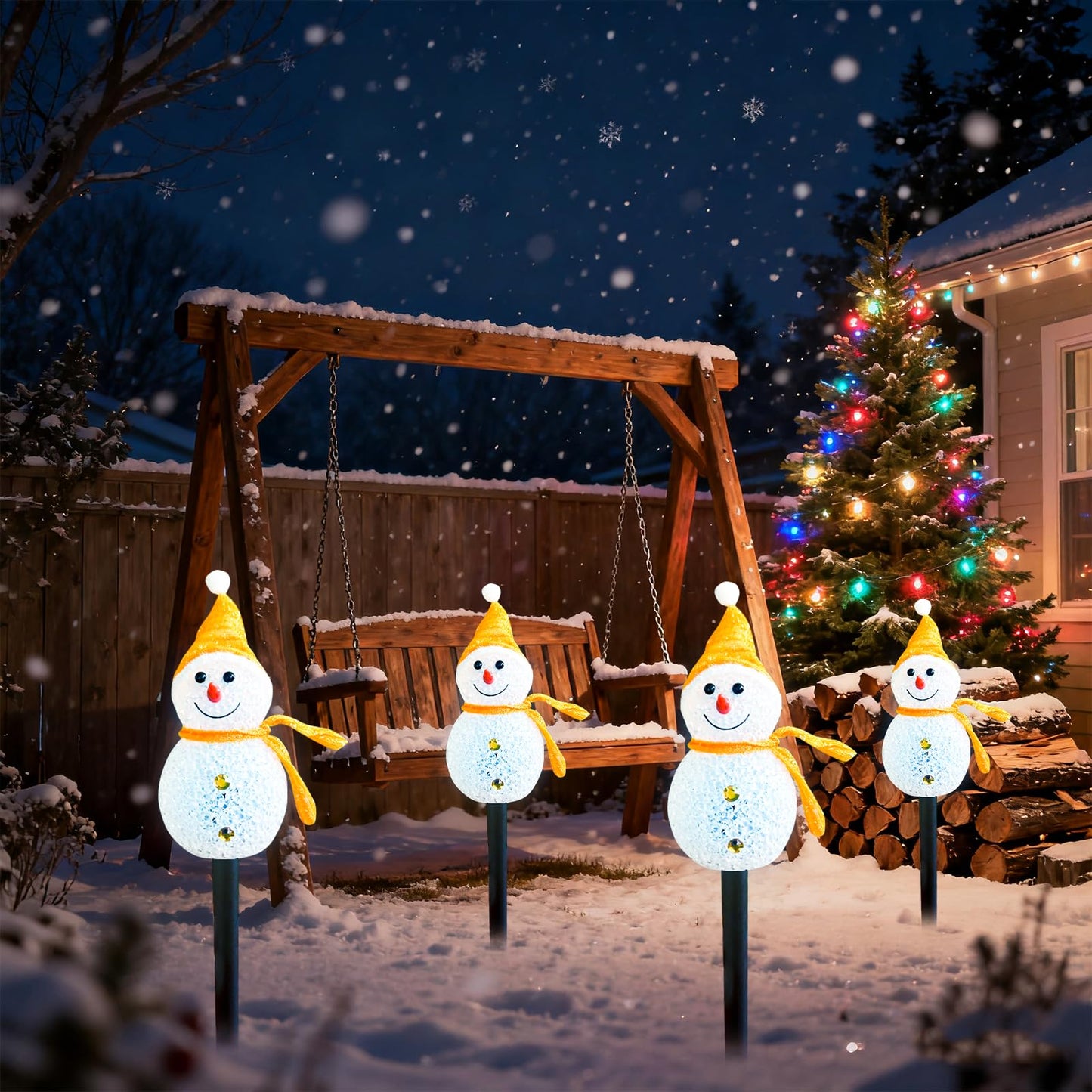 Taoushuleng Led Christmas Yellow Snowman Pathway Lights, Solar Powered Light with 4 Stakes 8 Lighting Modes for Yard Garden Decor (Yellow Snowman)