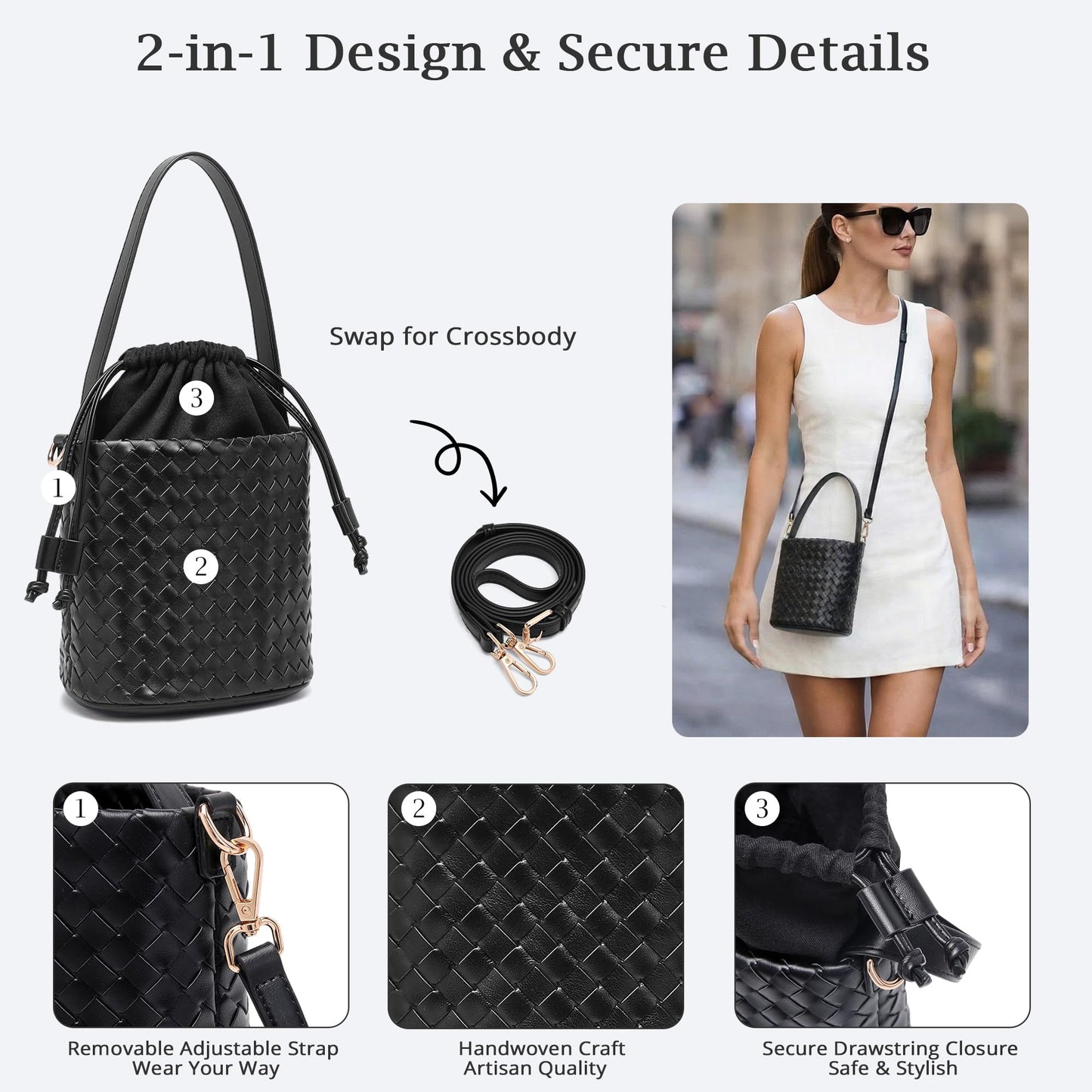 Sumrains Woven Crossbody Bag for Women: Classic Handwoven Small Bucket Bag - Effortless Minimalist & Compact for Daily Wear (Black)