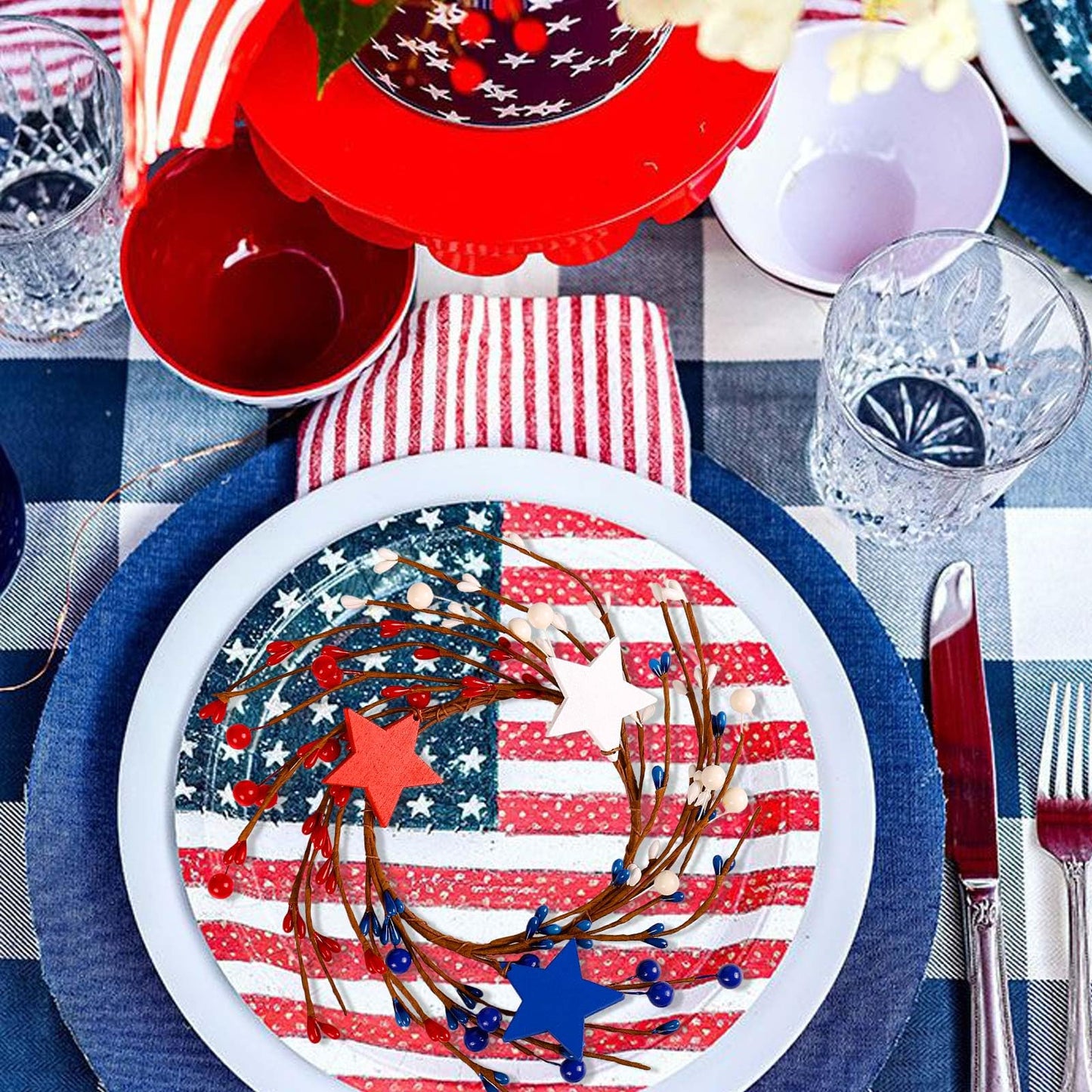 4th of July Candle Rings Set of 2-4 Inch Red White Blue Patriotic Star Candle Holders, Independence Day Table Decor Centerpiece with Stars, USA Flag Theme for Memorial Day Veterans Day