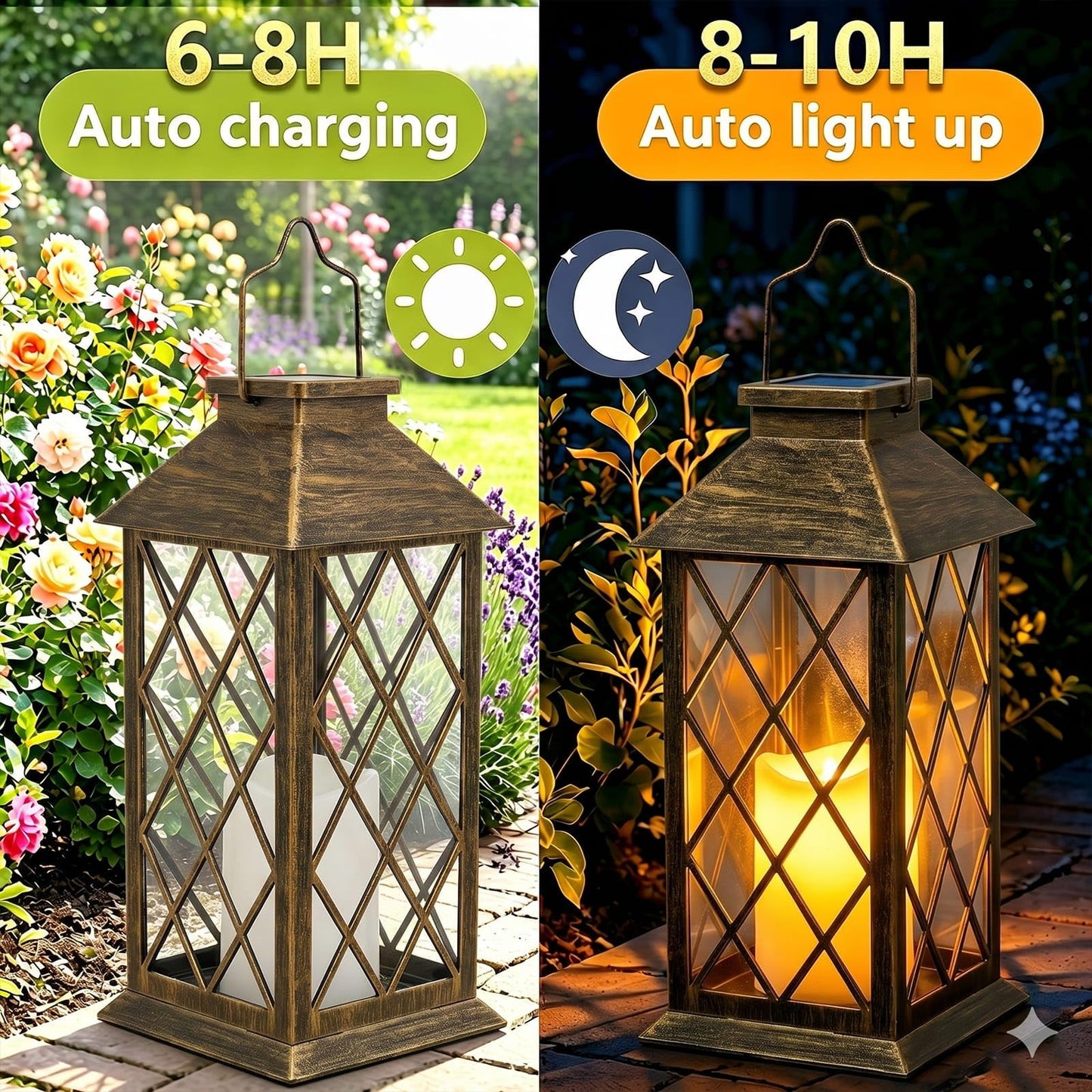 Yowin Solar Lanterns Outdoor Waterproof, 2 Pack Hanging Solar Lanterns with Flickering Candle, Tempered Glass Solar Lamp Outdoor for Garden Wall Table Patio Yard Fence, Housewarming Gift - Bronze