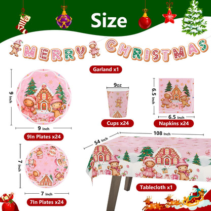 Arosche Christmas Gingerbread Party Decorations Set for 24-Disposable Paper Plates and Napkins, Cups, Garland, Tablecloths, Merry Christmas Party Supplies for Xmas Winter Birthday Table Decor