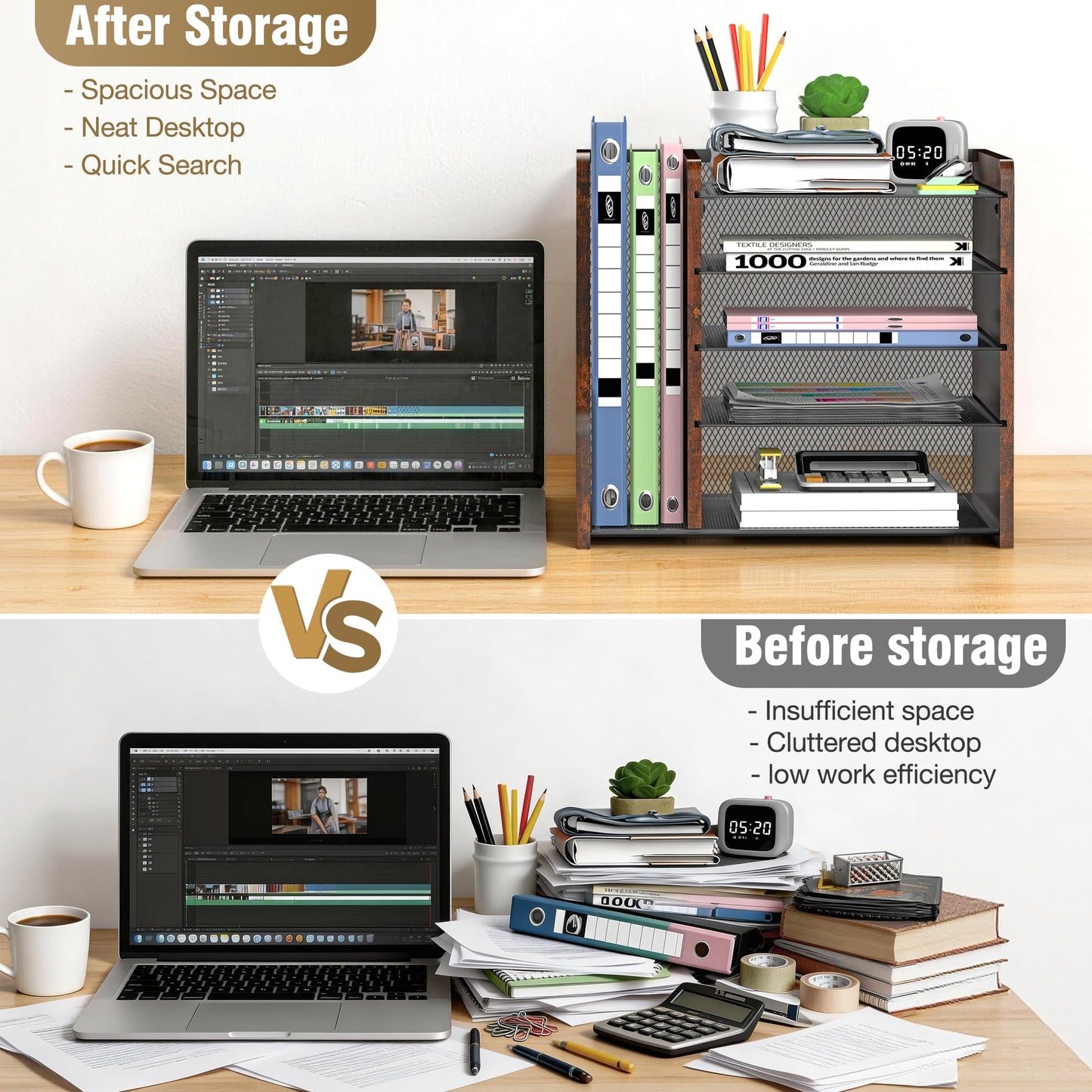Desktop Storage with File Rack, 5-Layer Paper Letter Tray Storage, mesh Desktop Storage, and Storage Device with Office Supplies and Magazine Rack-Wood Grain