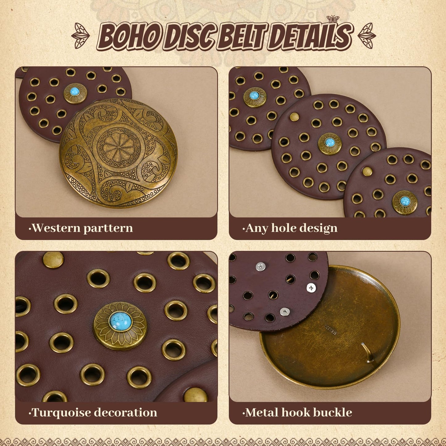QILVYTH Western Leather Belts for Woman Boho Cowgirl Wide Disc Belt for Women Concho Cowboy Waist Belts for Dress Chocolate-bronze 48'' (fits waist size up to 45'')