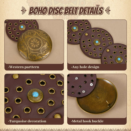 QILVYTH Western Leather Belts for Woman Boho Cowgirl Wide Disc Belt for Women Concho Cowboy Waist Belts for Dress Chocolate-bronze 48'' (fits waist size up to 45'')