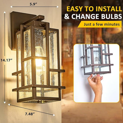 Outdoor Wall Light Fixture with Seeded Tempered Glass, Waterproof Outside Wall Coach Lantern with E26 Sockets, Brown Large Porch Sconces Lamp for House, Patio, Garage