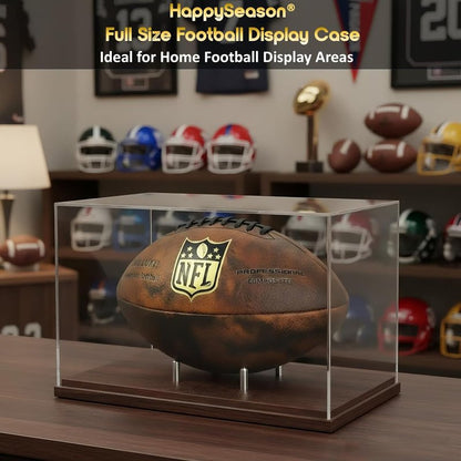 Football Display Case - Clear Acrylic Holder with Walnut Wood Base | Full Size Autograph Stand, No Assembly Required