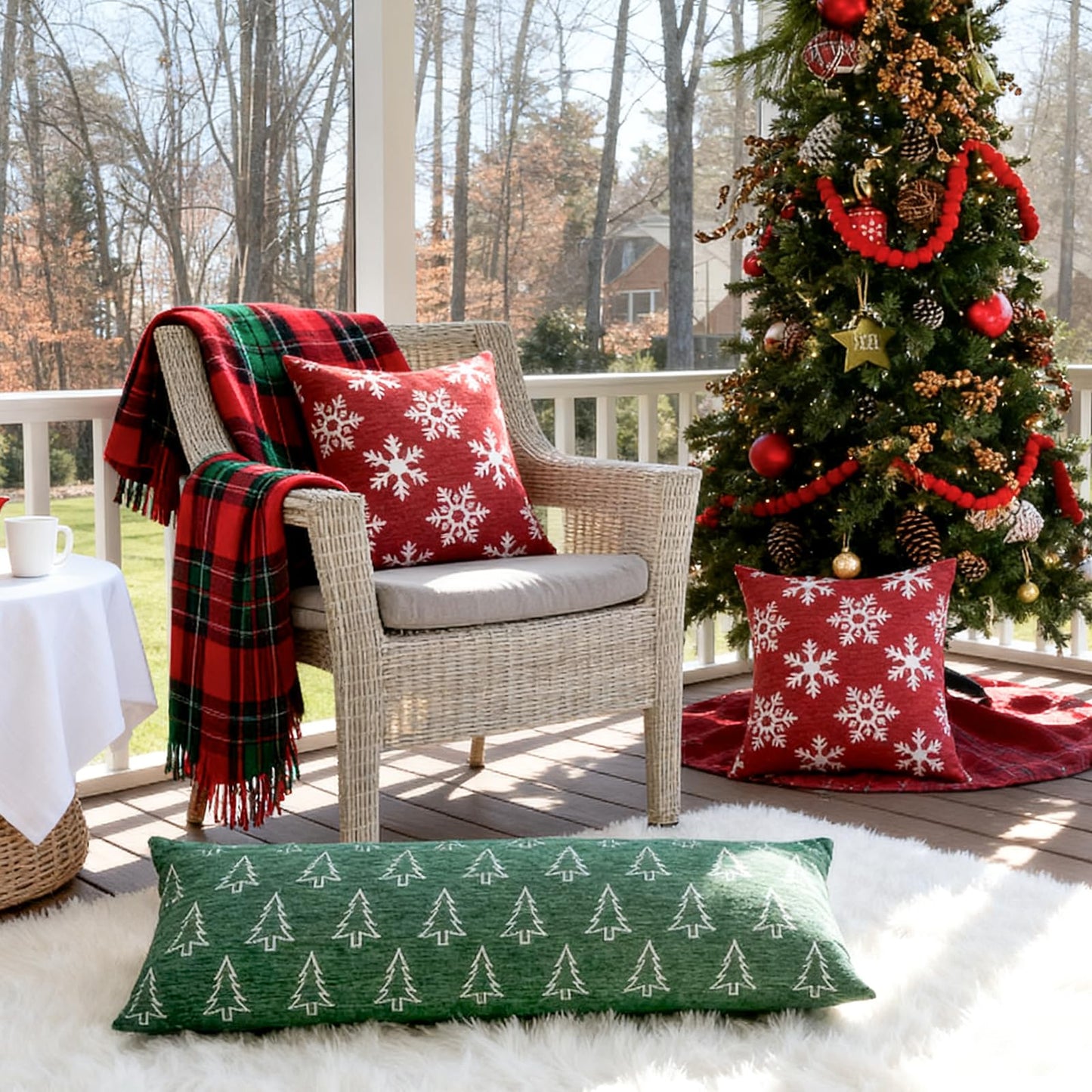 Auomily 2 Pack Christmas Pillow Covers 18x18, Chenille Double-Sided Snowflake & Christmas Tree Decorative Throw Pillow Cases, Soft Farmhouse Holiday Cushion Covers for Sofa Couch Bed(Red,18x18)