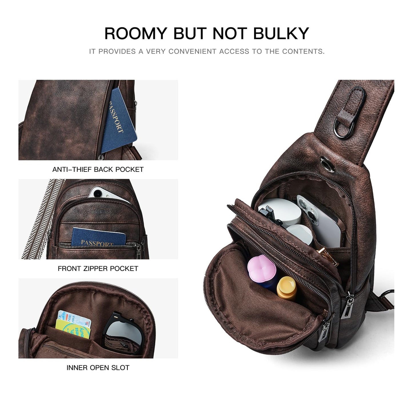 LATMAP 7L Sling Bag For Women Faux Leather Anti Theft Small Casual Daypack Backpack Fanny Pack Crossbody Chest Bags Purse Waterproof Coffee Color