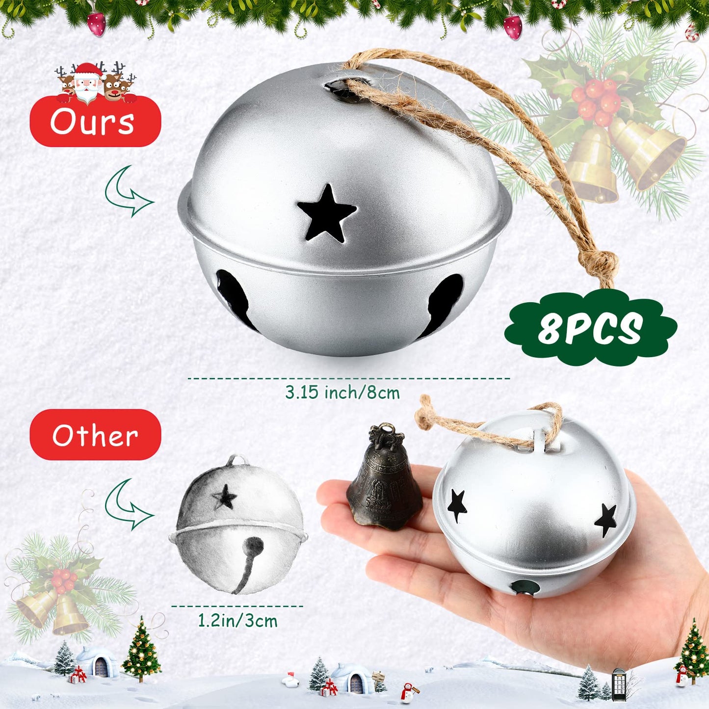 Zhengmy 8 Pcs Jumbo 3.15'' Christmas Star Cutouts Bells for Craft Large Bells Xmas Ornament Christmas Tree Decor (Silver)