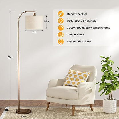 Arc Floor Lamp with Remote and Stepless Dimmable Bulb, Colors Temperature & Brightness Adjustable, Floor Lamps for Living Room（Deep Beige Shade & Brown Pole）