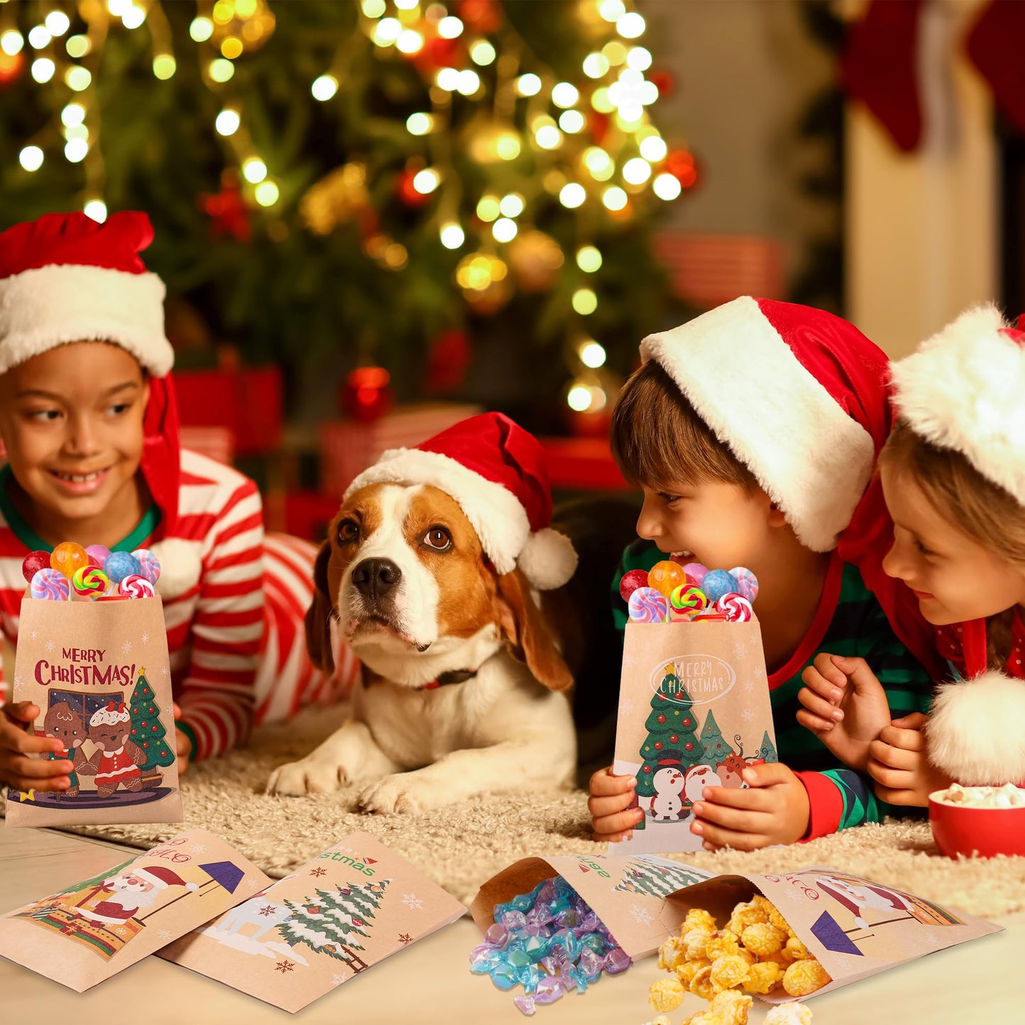 Kolewo4ever 240 Pieces Christmas Kraft Treat Bags Holiday Bag with Xmas Tree Santa Claus, Elk Prints Christmas Goodies Snack Gift Bag Candy Buffet Paper Bags for Xmas Holiday,6 Styles