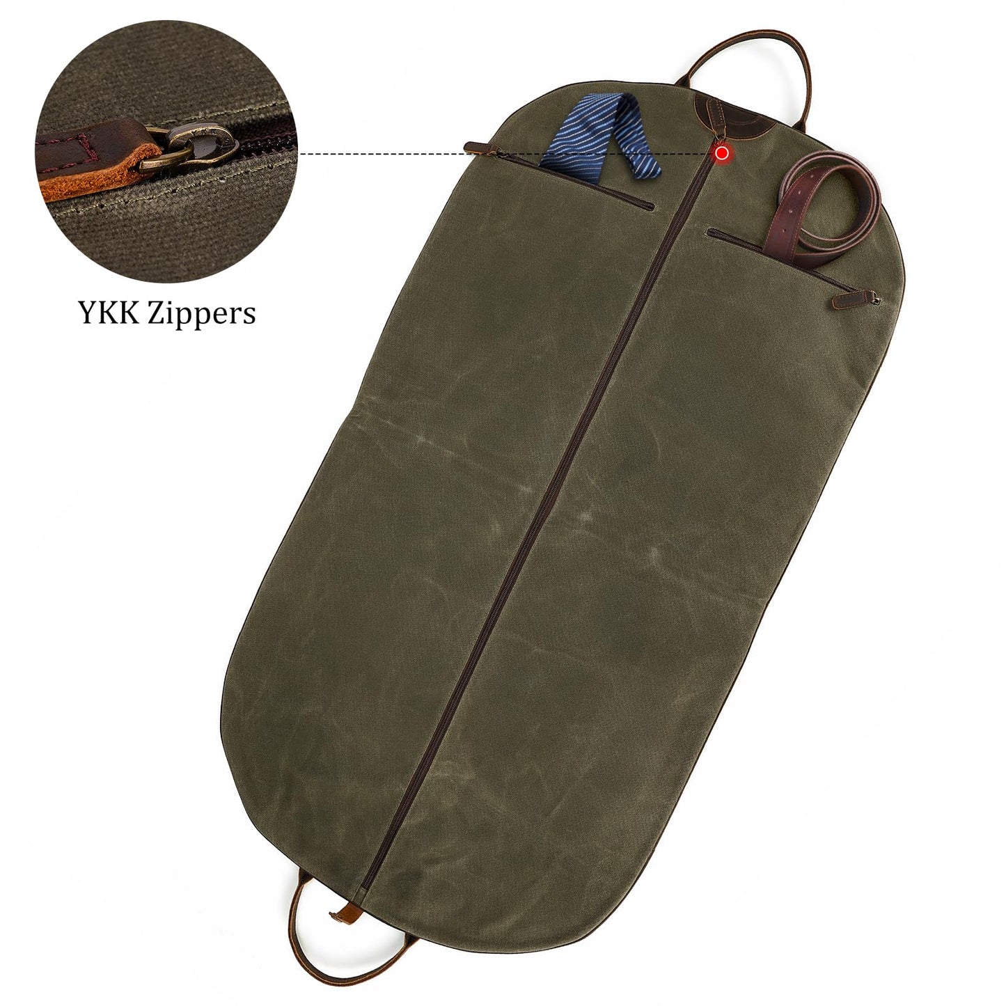 Polare 43” Waxed Canvas Full Grain Leather Trim Carry On Garment Bag for Travel, Waterproof Dust-Proof Foldable Hanging Suitcase Weekender Garment Cover with YKK Zipper (Army Green)