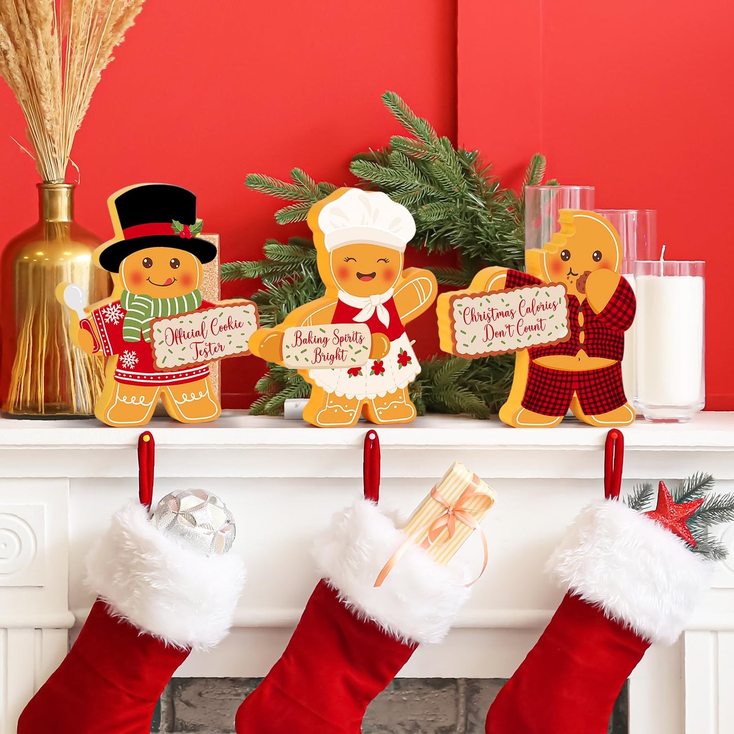 COCHIE Gingerbread Man Christmas Decorations Indoor, Cute Gingerbread Man Tiered Tray Decor Set of 3, Wooden Gingerbread Man Blocks Xmas Table Decoration for Party Home Office Shelf Door (Kitchen)