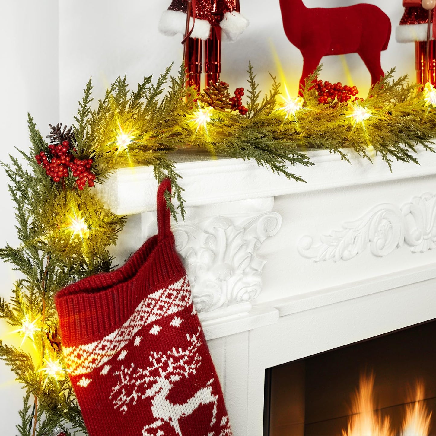 HUZIYAHAN Prelit Christmas Garland with Lights 6FT Christmas Tree Lighted Garland Outdoor Indoor Battery Operated Garland for Mantel Table Porch Stair Wall Winter Home Holiday Christmas Decorations