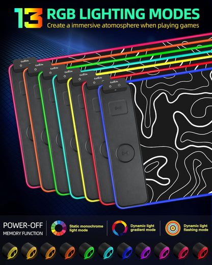 Wireless Charging Mouse Pad, RGB Gaming Mousepad, 31.5"x15.7" Extra Large Desk Pad, 13 Light Modes, Ultra-Smooth Surface, Non-Slip Base, Waterproof Computer Keyboard Mat for MacBook, PC, Laptop, Black