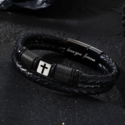 Leejory Christian Cross Bracelet for Men, Double-Row Braided Genuine Black Leather Multi-layer Cuff Bracelet Adjustable Wristband, Catholic Religious Jewelry Baptism Easter Gifts for Young Men Teenage