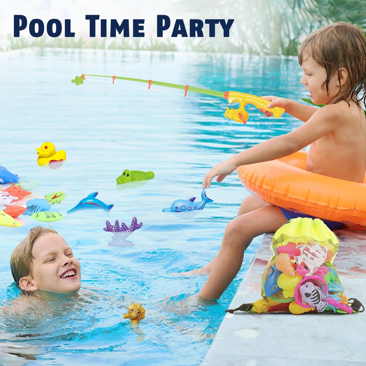 CozyBomB™ Kids Fishing Bath Toys Game | Magnetic Floating Toy Magnet Pole Rod Net, Plastic Floating Fish Toddler Pool Education Teaching and Learning Colors Birthday Age 3 4 5 6 Year