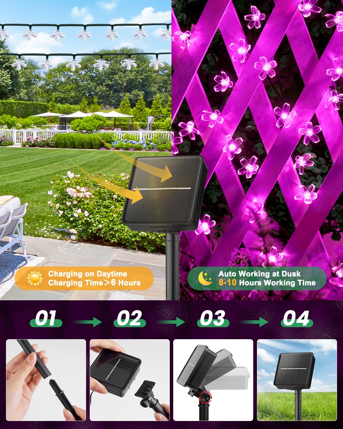 Brightown 60 LED Solar String Lights Flower Outdoor Waterproof Fairy Lights for Garden Yard Fence Patio Christmas Tree Wedding Party Decor, Pink