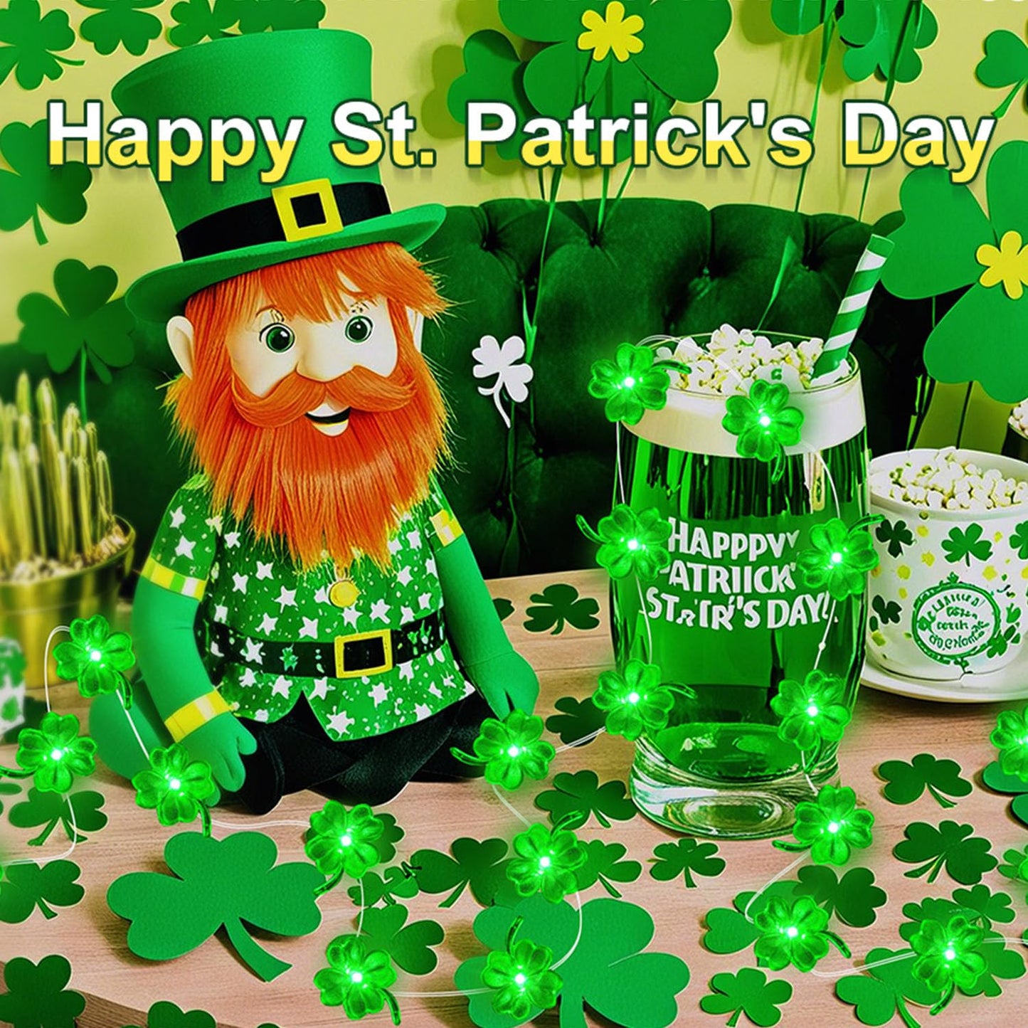 Aogist Super Bright 50LED Shamrock String Lights - 16ft St Patrick's Day 3D Clover Fairy Lights Battery Operated for Indoor/Outdoor Irish Party, Wedding, Holiday Green Decor - 2 Pack