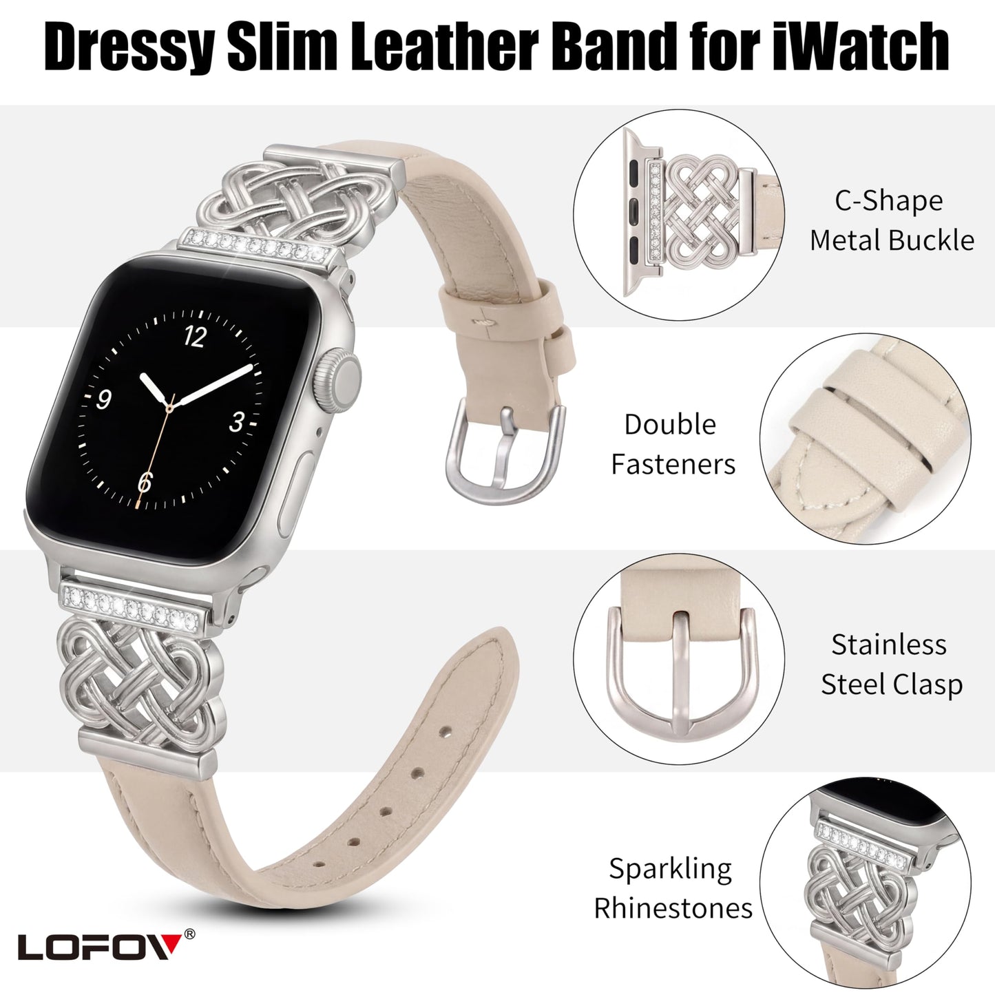 LOFOV Compatible with Apple Watch Bands Women 38/40/41/42mm Dressy Slim Leather Strap with Designer Celtic Knot Interlock Buckle Bracelet for iWatch Series 11 10 9 8 7 6 5 4 SE 3 2 1 (Starlight)