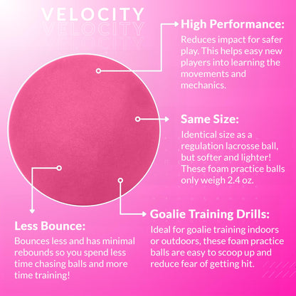 Velocity Soft Foam Lacrosse Balls, Lacrosse Soft Practice Balls for Youth Beginners, Indoor Training Lacrosse Softballs for College and High School, Same Size as Regulation - Pink, 60