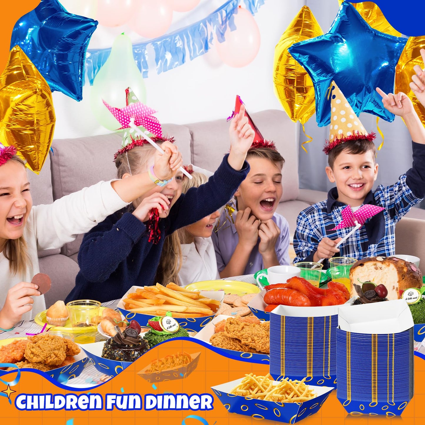 Baderke 100 Pcs Video Game Party Favors Paper Food Trays Boat 2lb Blue with Gold Ring Print Themed Disposable Nacho Trays Video Game Kraft Paper Boat for Christmas Tacos Concession for Birthday Party