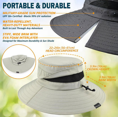 Men's UPF 50+ Waterproof Wide Brim Boonie Hat, Sun & Rain Protection Beige