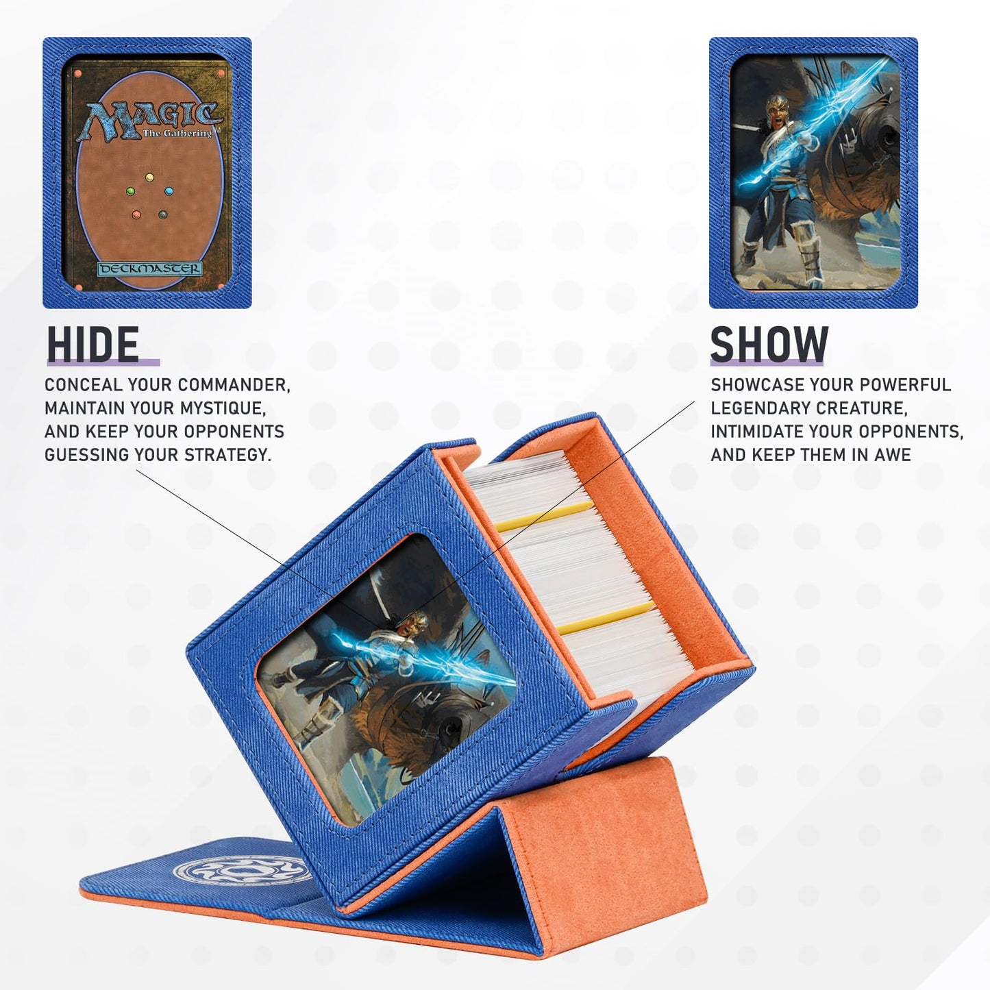 Infinity Guard Card Deck Box for MTG with Commander Display for 100+ Double Sleeved Cards, Magnetic Card Storage Box Fits for TCG Sports Trading Cards (Blue Purple&Grey)