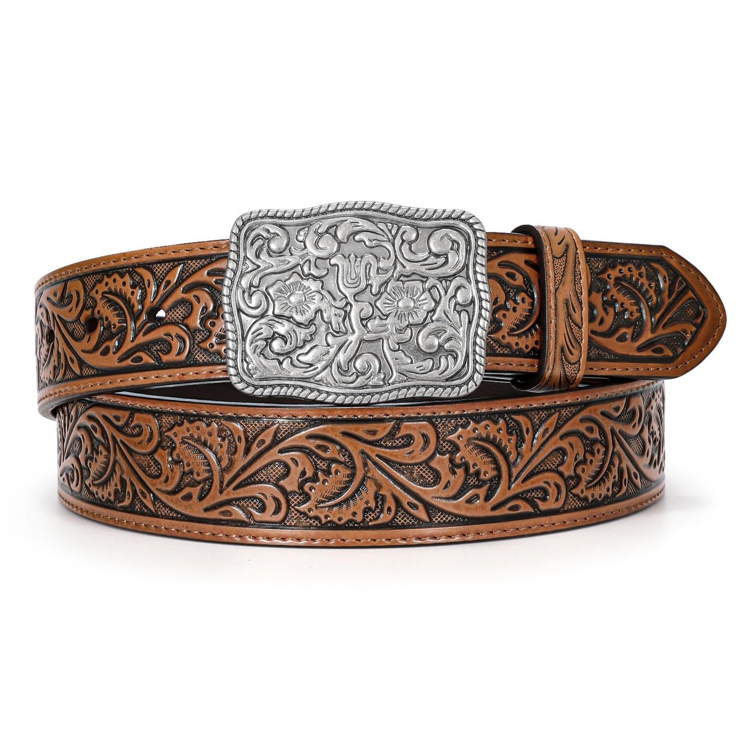 TRIWORKS Western Belts for Women Men Cowgirl Cowboy Embossed Engraved Tooled Leather Belt with Buckle for Jeans Pants Rodeo,E-Brown,Fit Waist Size 30"-34"