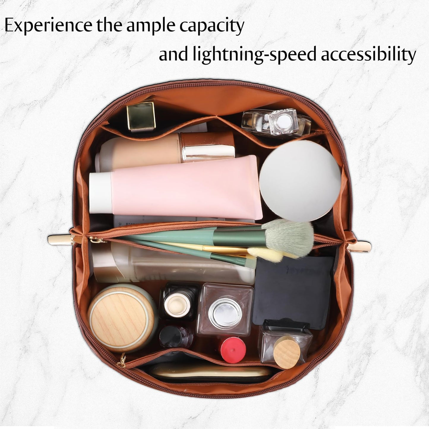 Large Capacity Travel Cosmetic Bag - PU Leather Makeup Organizer Bag Portable Woven Makeup Bags for Women Waterproof Travel Toiletry Bag with Divider Pouch, Brown