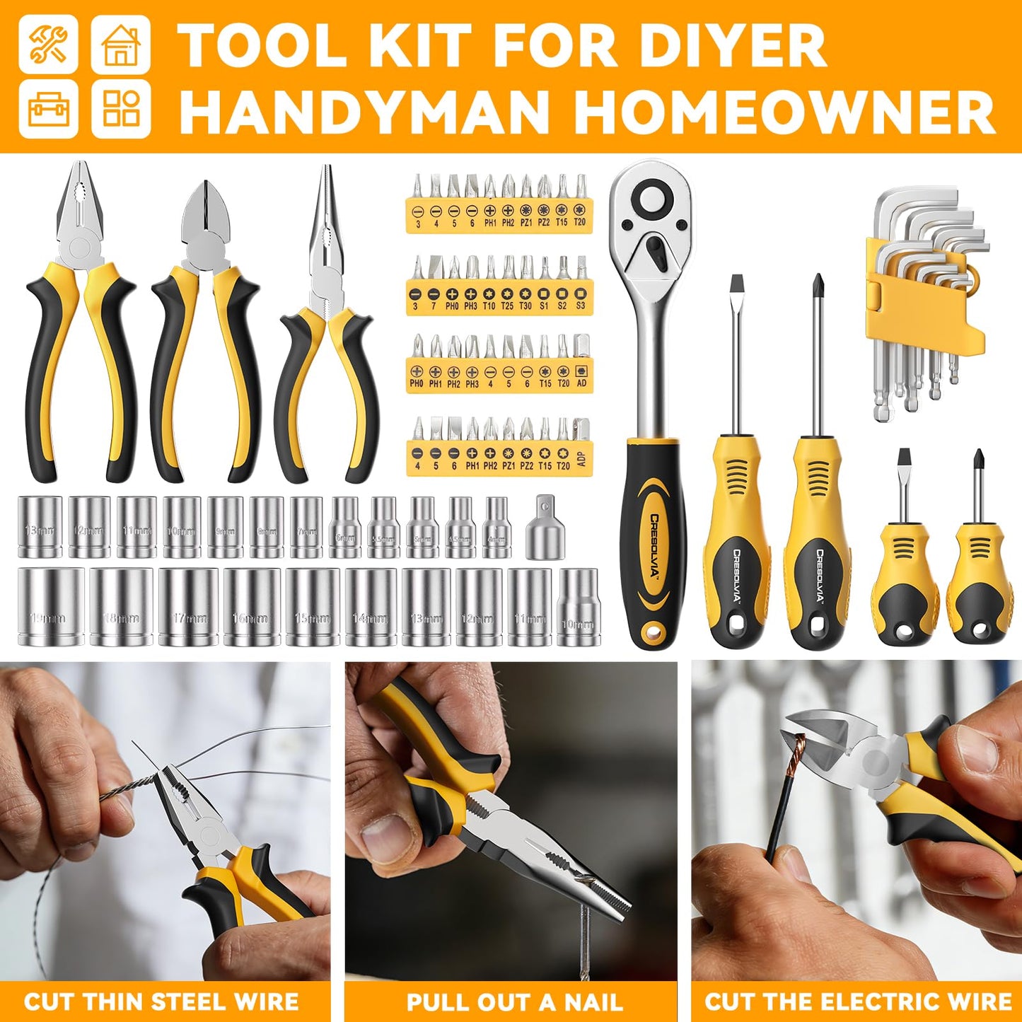 CRESOLVIA 199 Piece Tool Kit for Home,General Household/Auto Repair Tool Set,Basic Hand Tool Kit with Socket Wrench,Tool Box Case for Men,Perfect for Diyer Handyman Homeowner